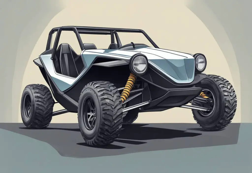 A sleek and angular VW dune buggy body, with bold lines and a rugged, off-road aesthetic, sits atop oversized tires, ready for adventure