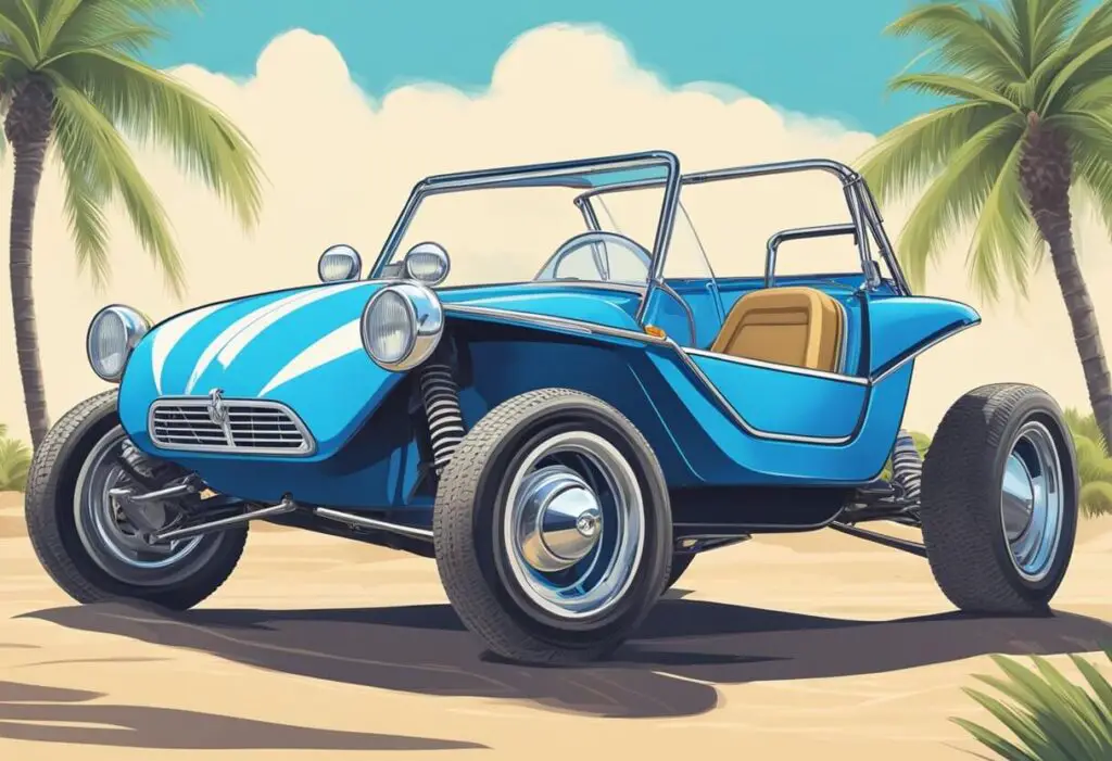 A vintage VW dune buggy body sits on a sandy beach, surrounded by palm trees and a bright blue sky. The sleek, aerodynamic design of the body exudes a sense of adventure and freedom
