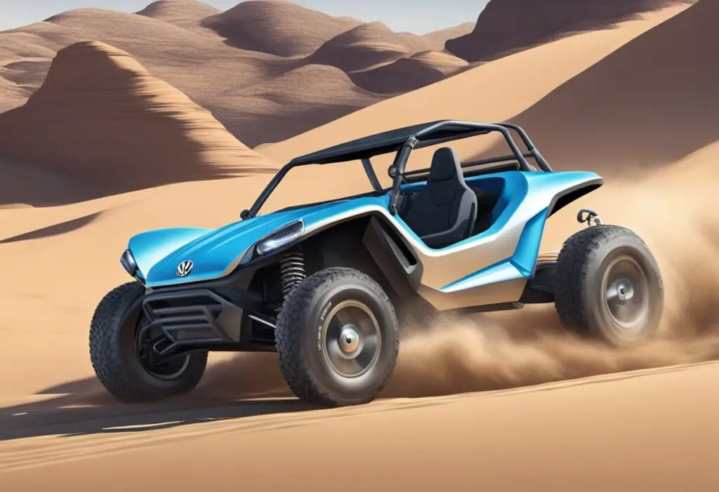 A VW dune buggy body speeding through rugged terrain, with a focus on its sleek design and sturdy construction for safety