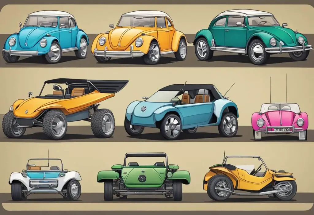 A variety of VW dune buggy bodies sit on display, showcasing different styles and designs for illustrators to recreate
